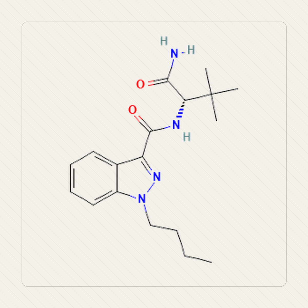 ADB-BUTINACA, ilustración educativa de la estructura molecular