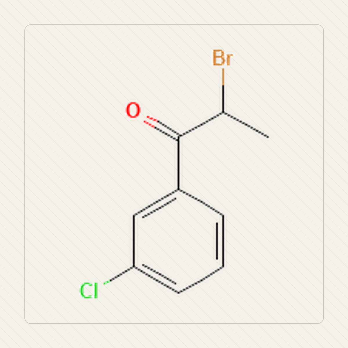 2-bromo-3-cloropropiofenona, ilustración educativa de la estructura molecular