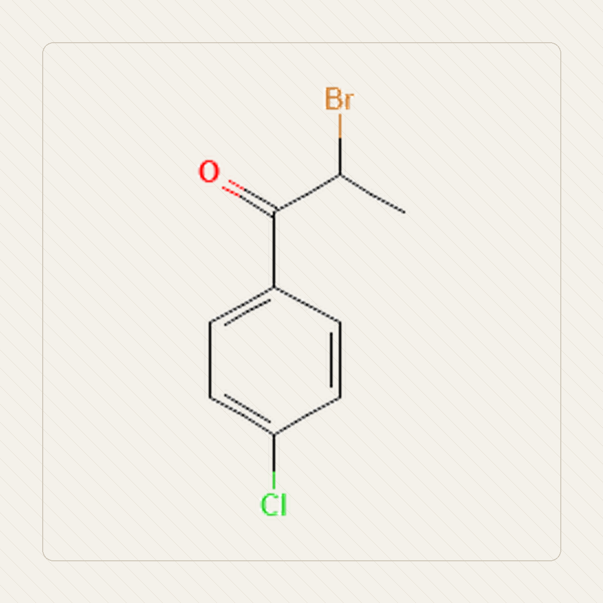 2-bromo-4-cloropropiofenona, ilustración educativa de la estructura molecular